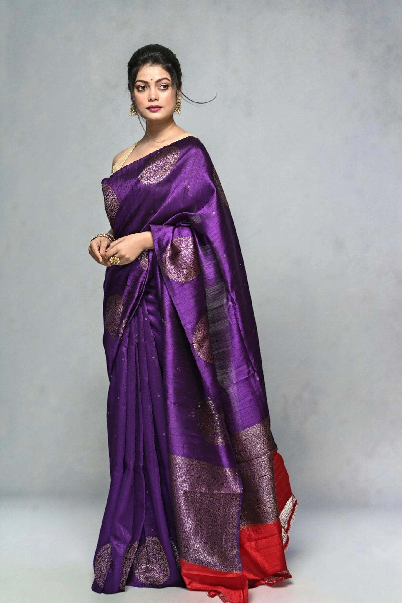 Woman wearing a purple saree with a red border on a gray background
