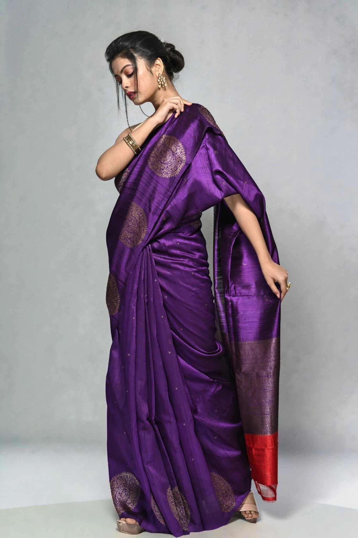 Woman wearing a purple saree with a red border against a gray background