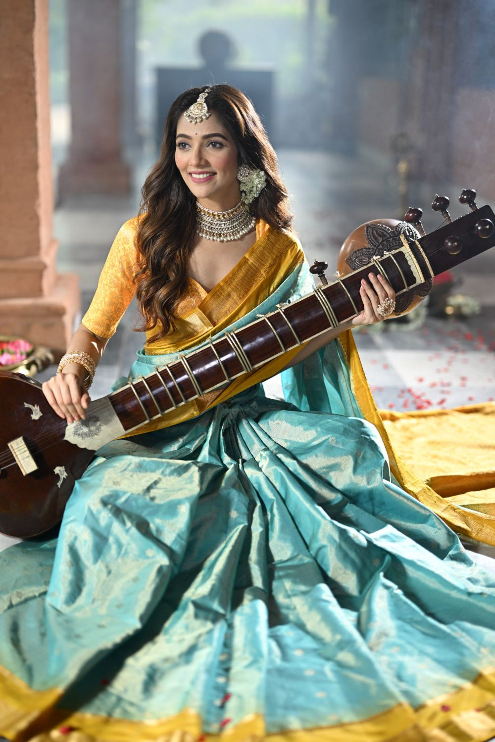 Firozi and Yellow Silk Katan Saree – Exquisite Traditional Wear