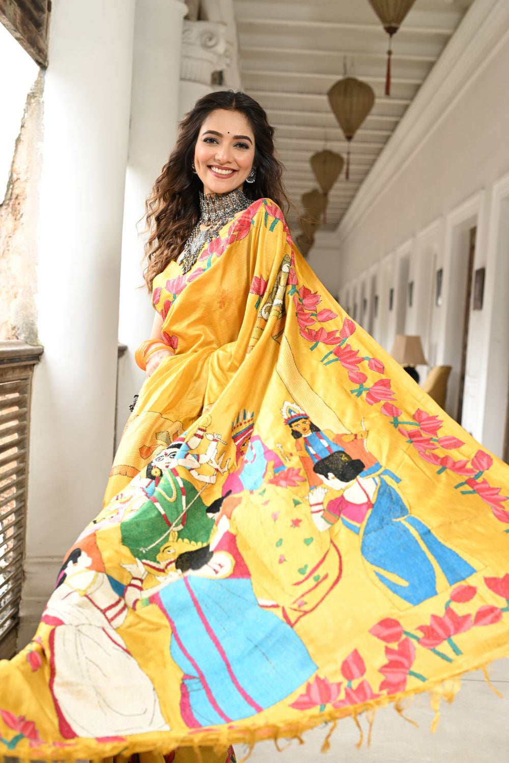 Mustard Hand Kantha Stitched Tussar Silk Saree