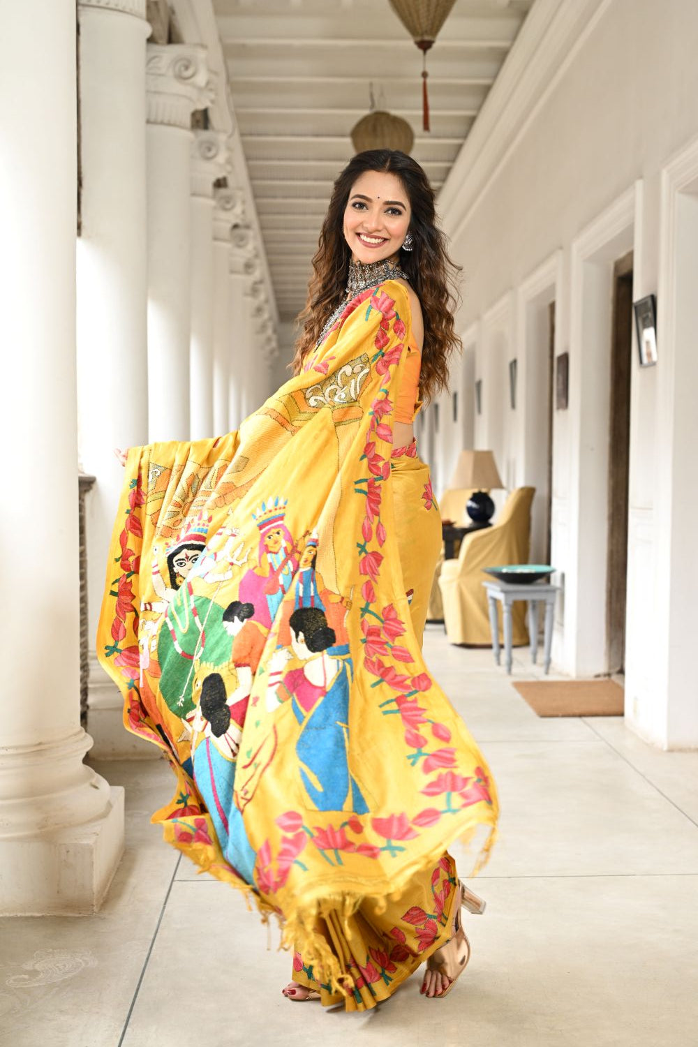 Mustard Hand Kantha Stitched Tussar Silk Saree