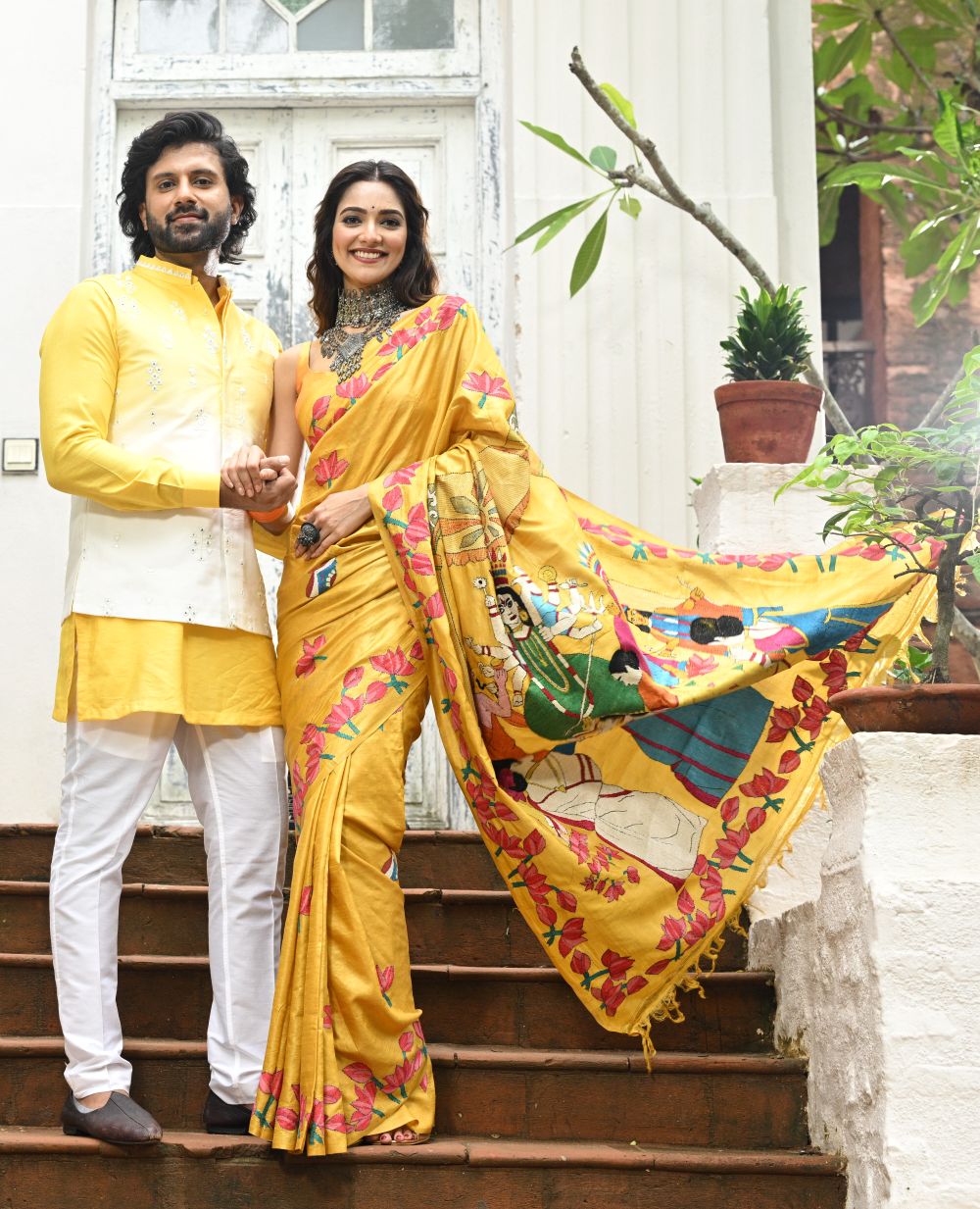 Mustard Hand Kantha Stitched Tussar Silk Saree