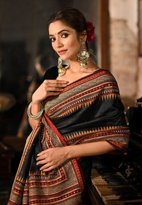 Black Tussar Silk Saree with Embroidery