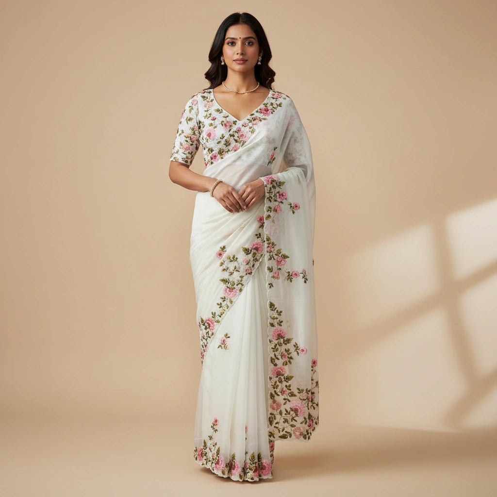 Designer Embroidered Saree with Statement Blouse - silk Indian ethnic wear by Rangoli