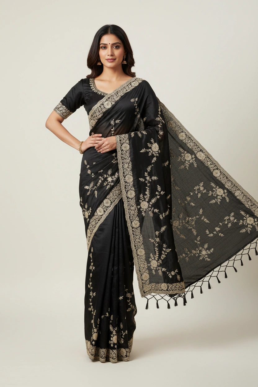 Embroidered Satin Saree