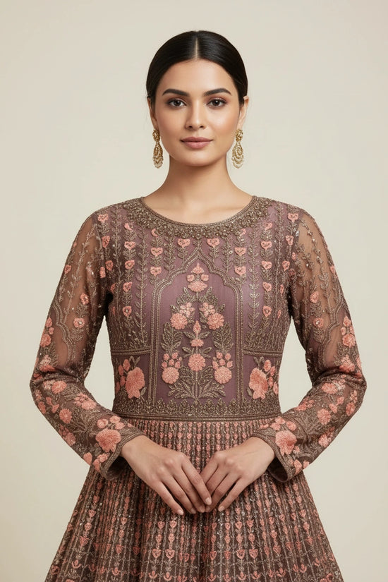 Artisan Embroidered Net Suit Gown - View 2 | Rangoli