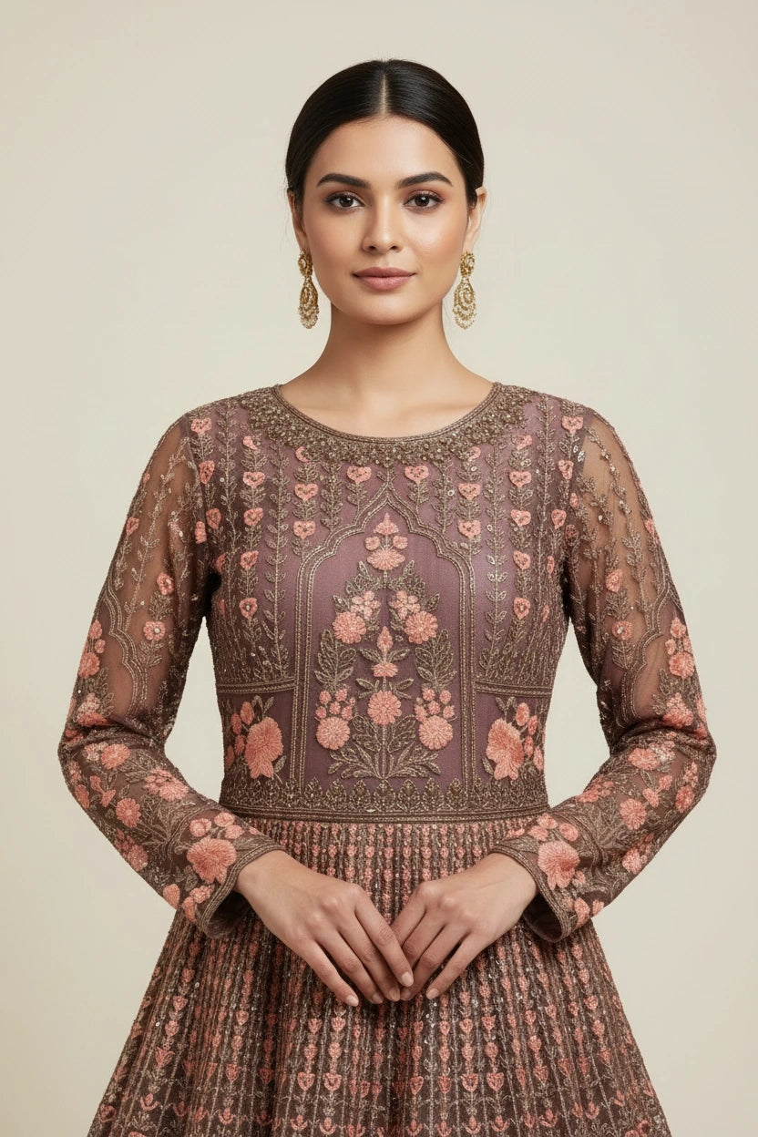 Artisan Embroidered Net Suit Gown - View 2 | Rangoli