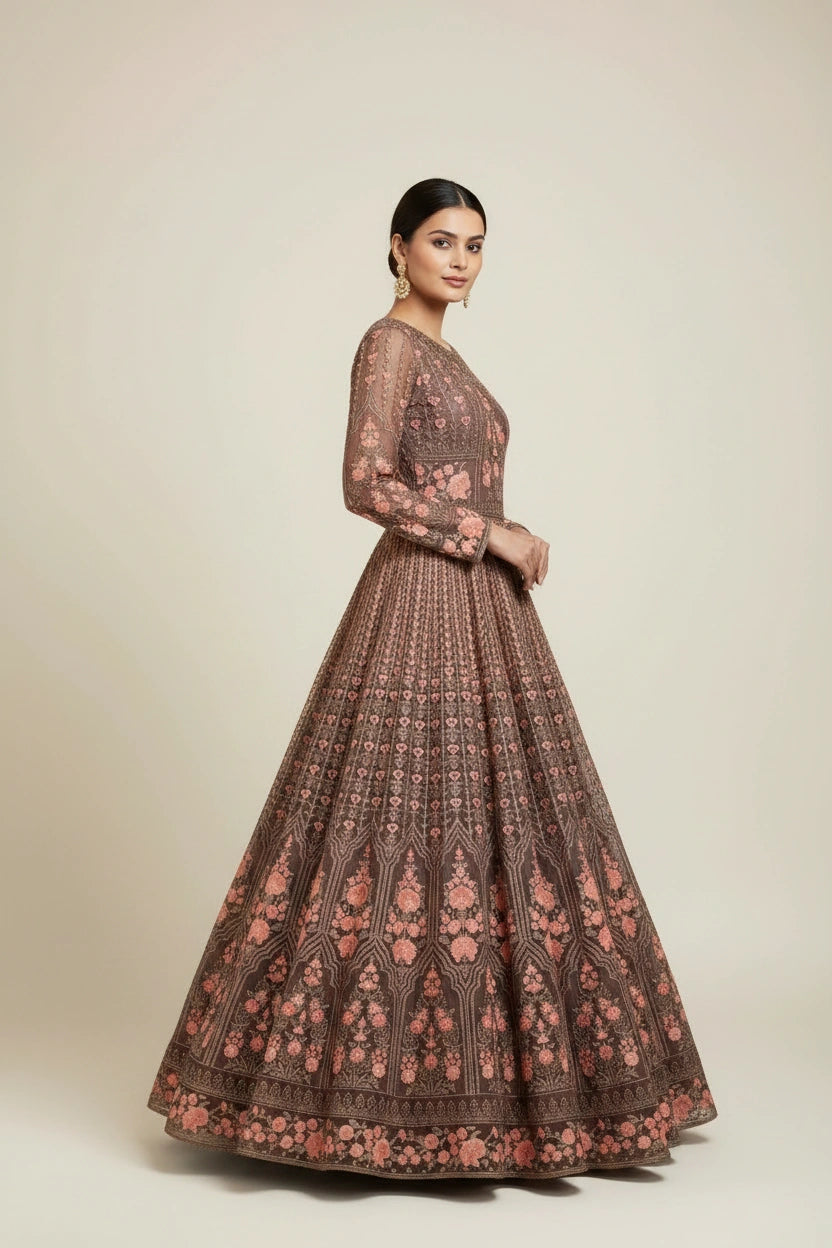 Artisan Embroidered Net Suit Gown - View 3 | Rangoli