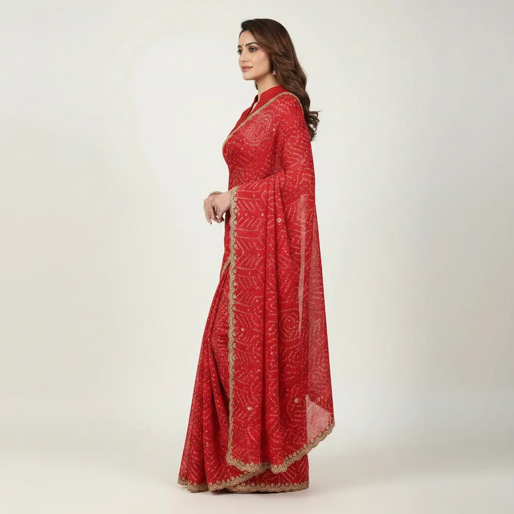 Woman wearing a red saree with gold patterns on a white background
