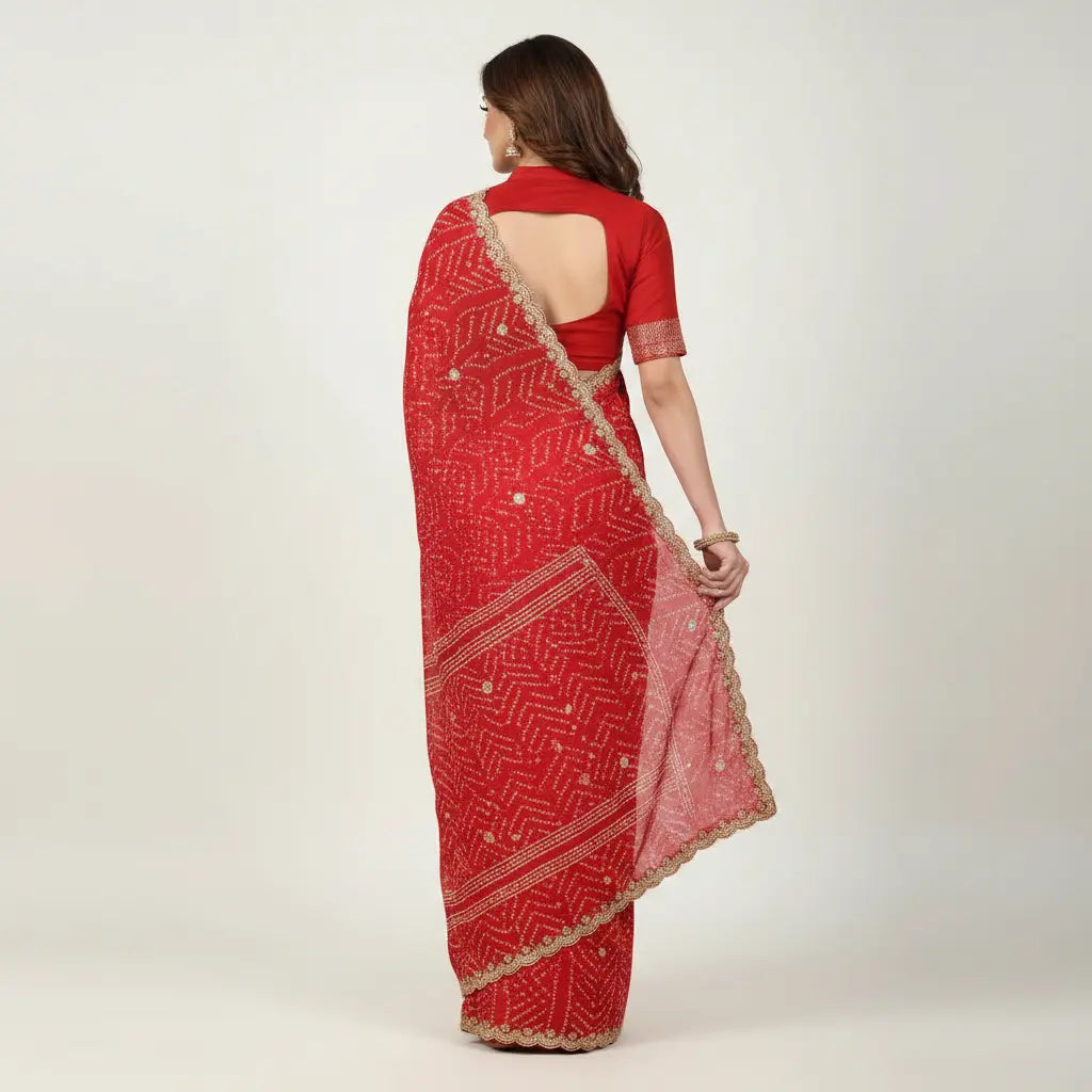 Woman wearing a red saree with white patterns on a white background
