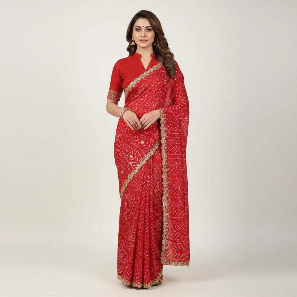 Bandhej Georgette Embroidery Saree with Traditional Print
