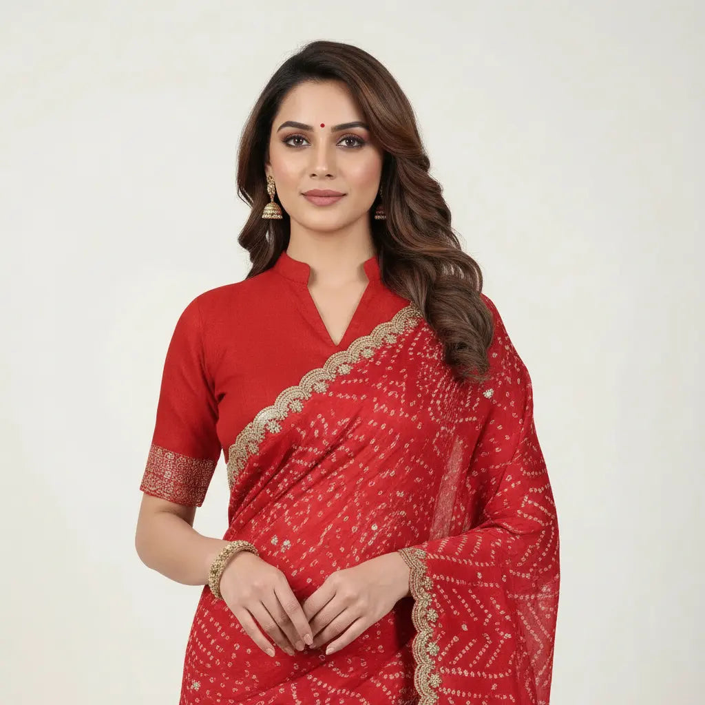 Woman wearing a red saree with gold border on a white background