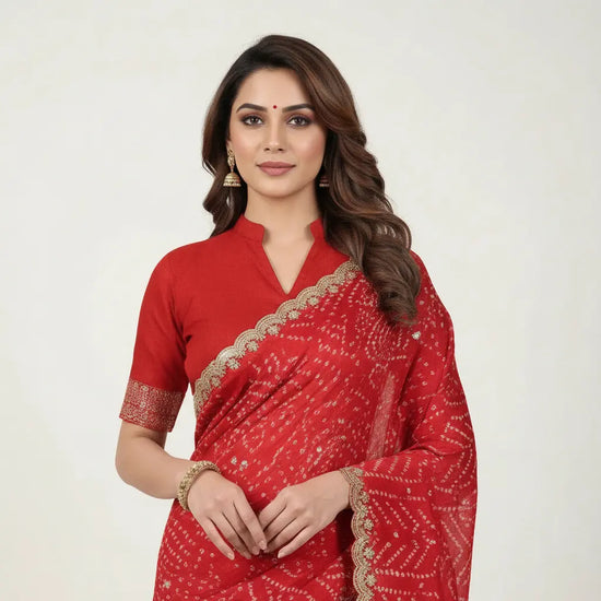 Red Bandhej Georgette Embroidered Saree - Rangoli India