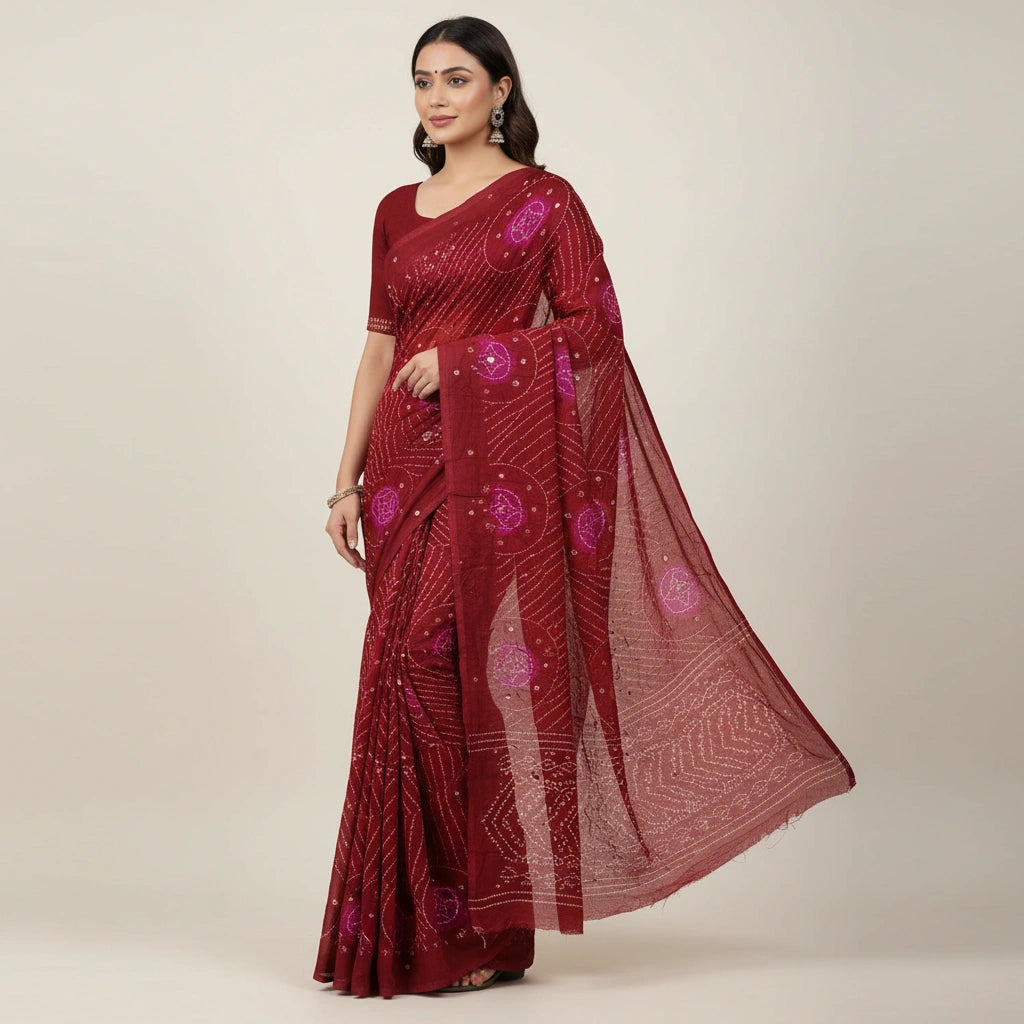 Bandhej Georgette Embroidery Saree with Traditional Print