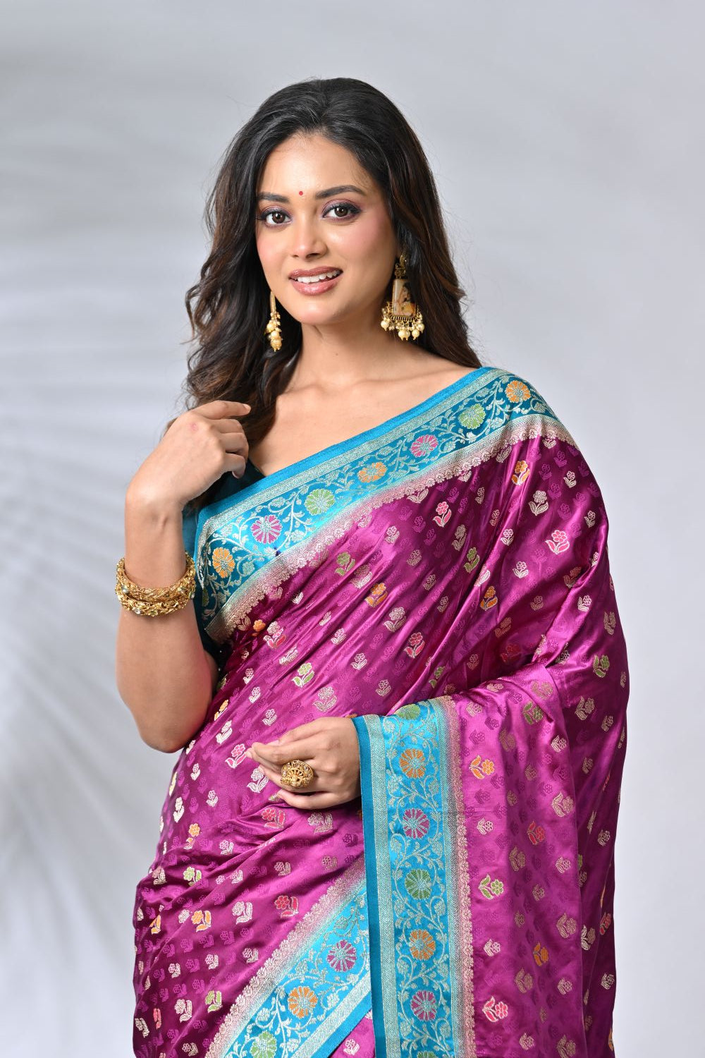 Rangoli Purple & Firozi Satin Silk Saree with Woven Border
