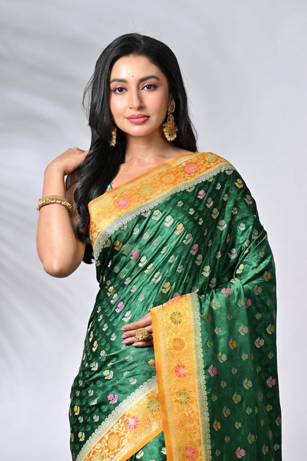 Graceful Bottle Green & Yellow Satin Silk Banarsi Saree