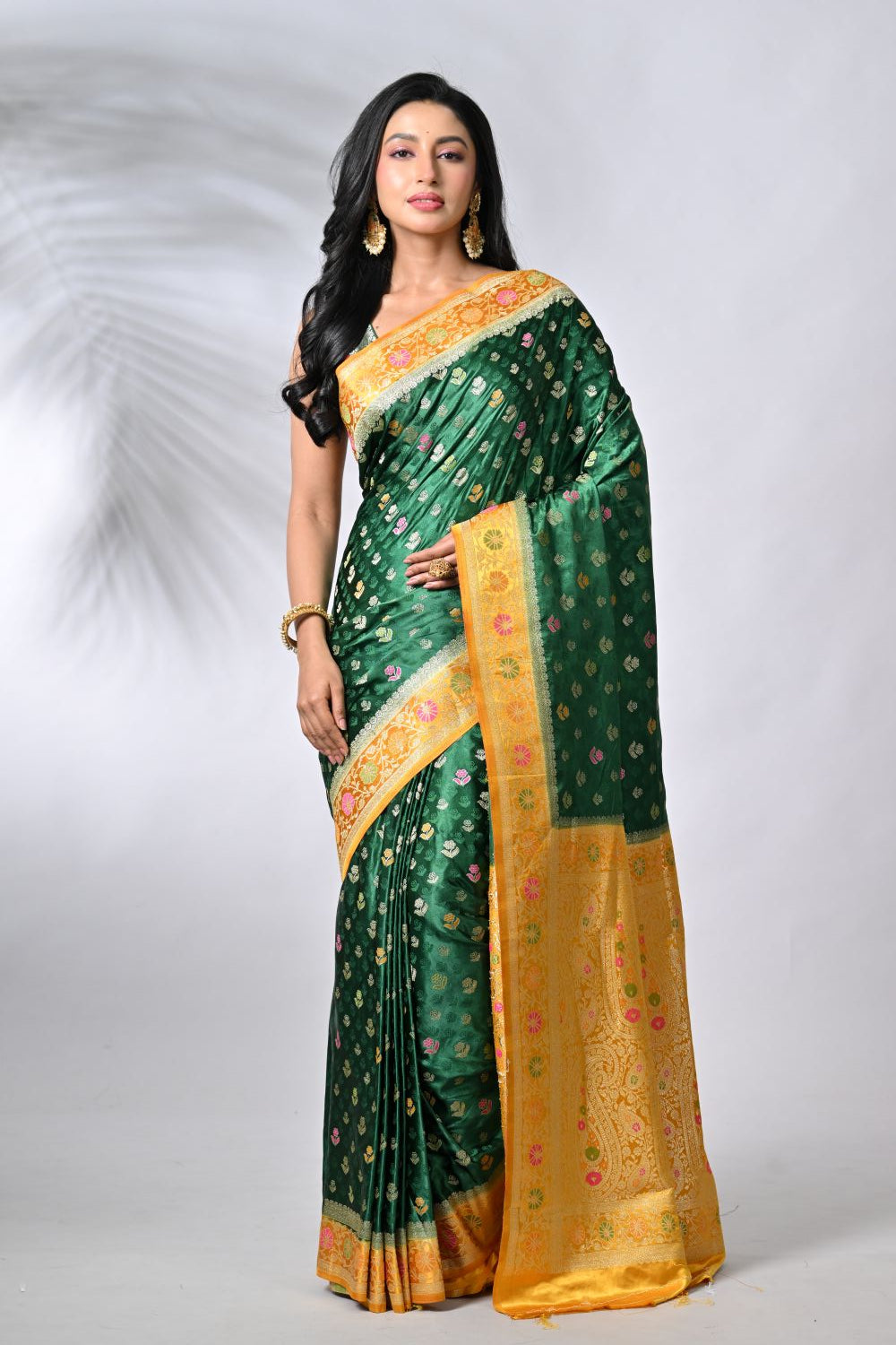 Graceful Bottle Green & Yellow Satin Silk Banarsi Saree