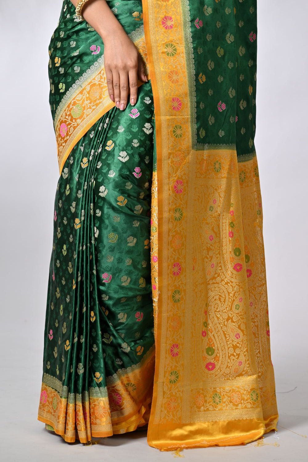 Graceful Bottle Green & Yellow Satin Silk Banarsi Saree