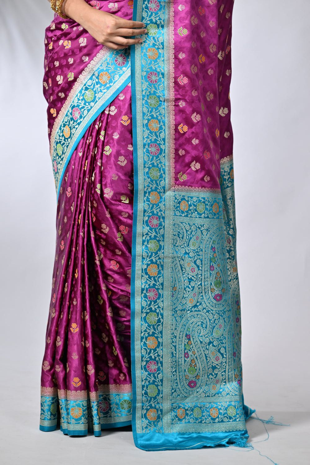 Rangoli Purple & Firozi Satin Silk Saree with Woven Border