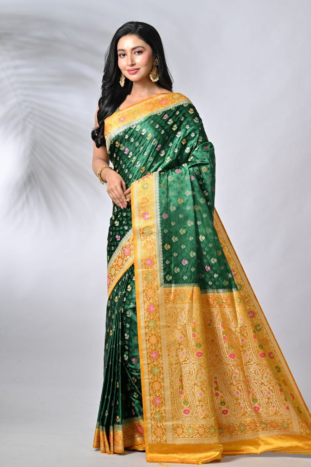 Graceful Bottle Green & Yellow Satin Silk Banarsi Saree