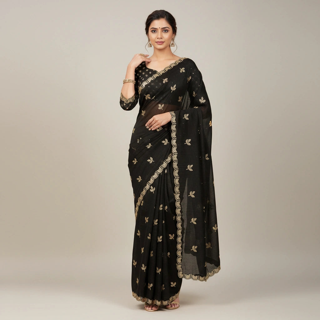 Embroidered Chinon Silk Saree