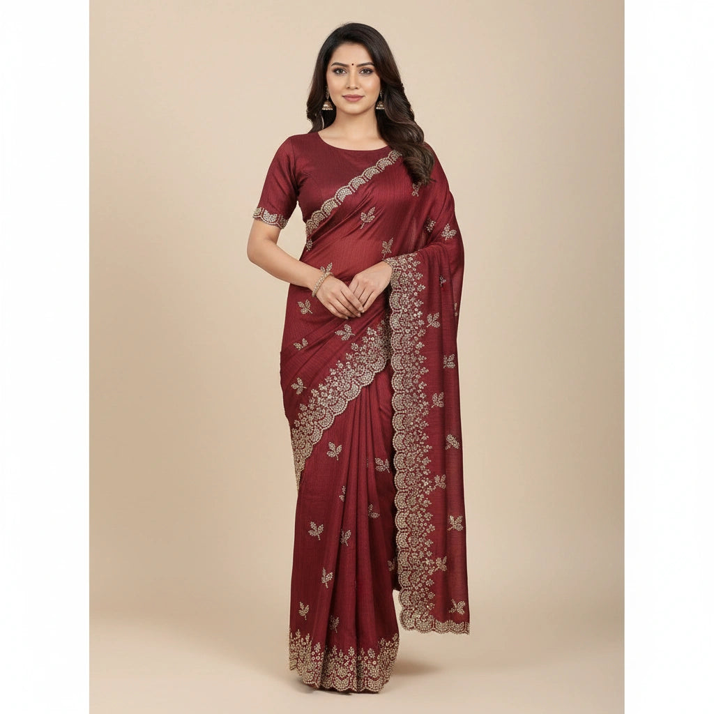 Embroidered Chinon Silk Saree with Traditional Motifs