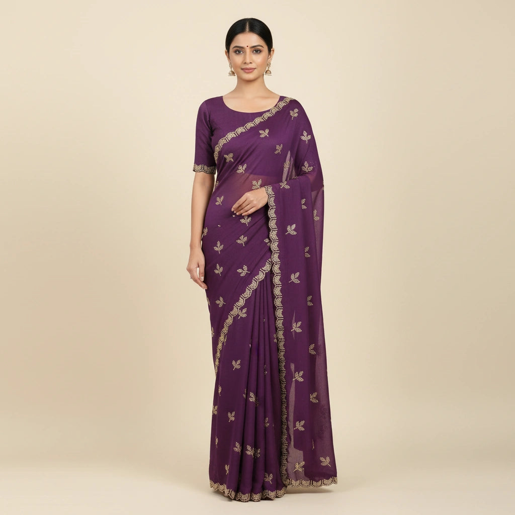 Embroidered Chinon Silk Saree with Traditional Motifs - chinon; silk Indian ethnic wear by Rangoli