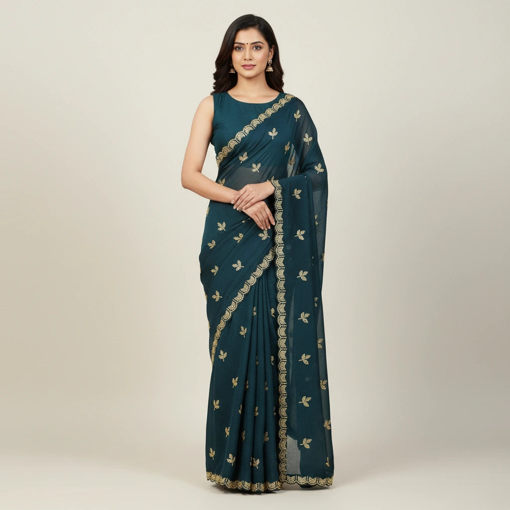 Embroidered Chinon Silk Saree with Traditional Motifs - chinon; silk Indian ethnic wear by Rangoli