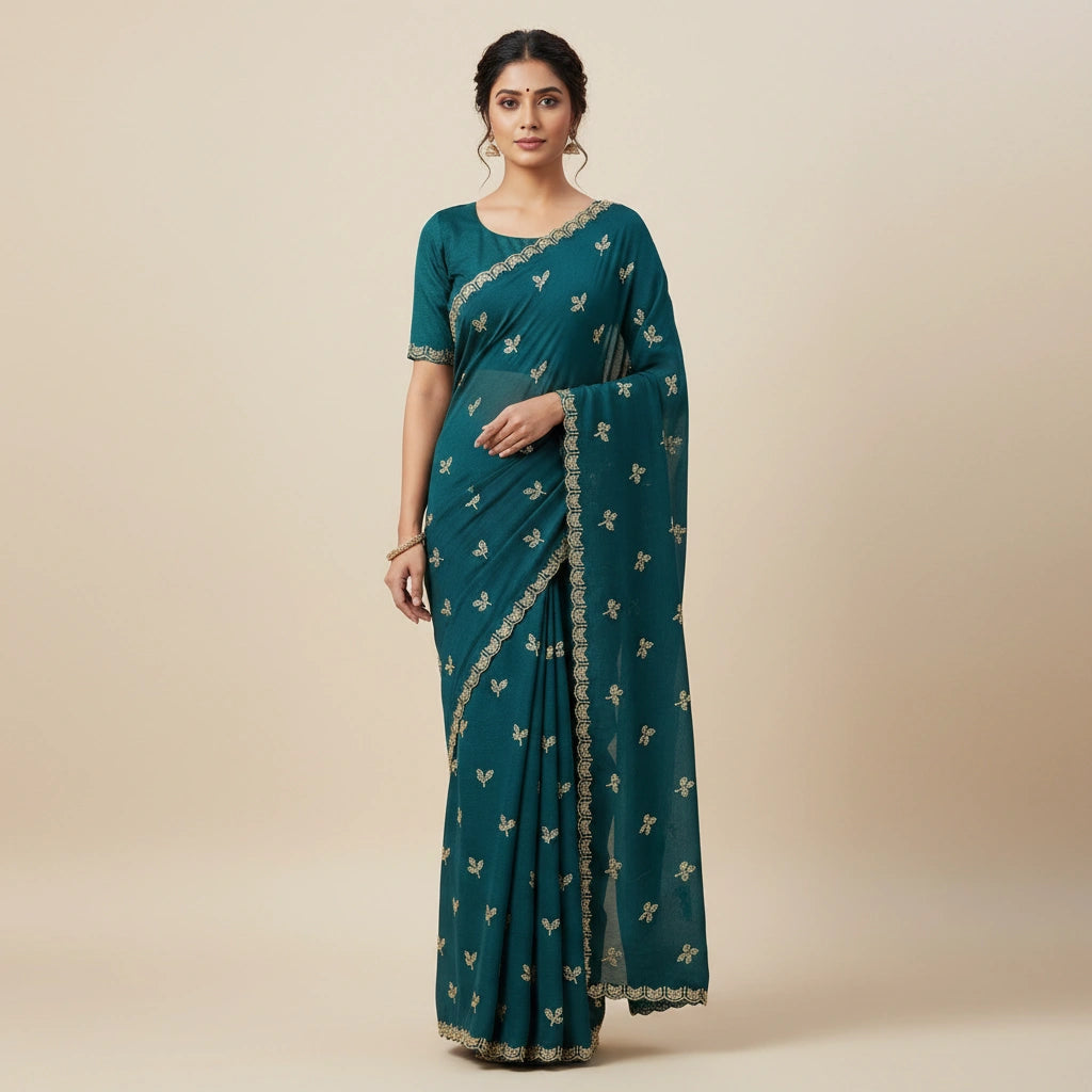Embroidered Chinon Silk Saree with Traditional Motifs
