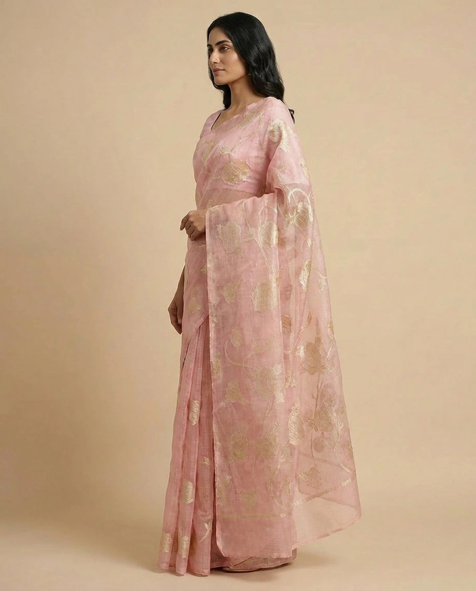 Kota Doria Saree with Resham Embroidery and Zari Border view 3