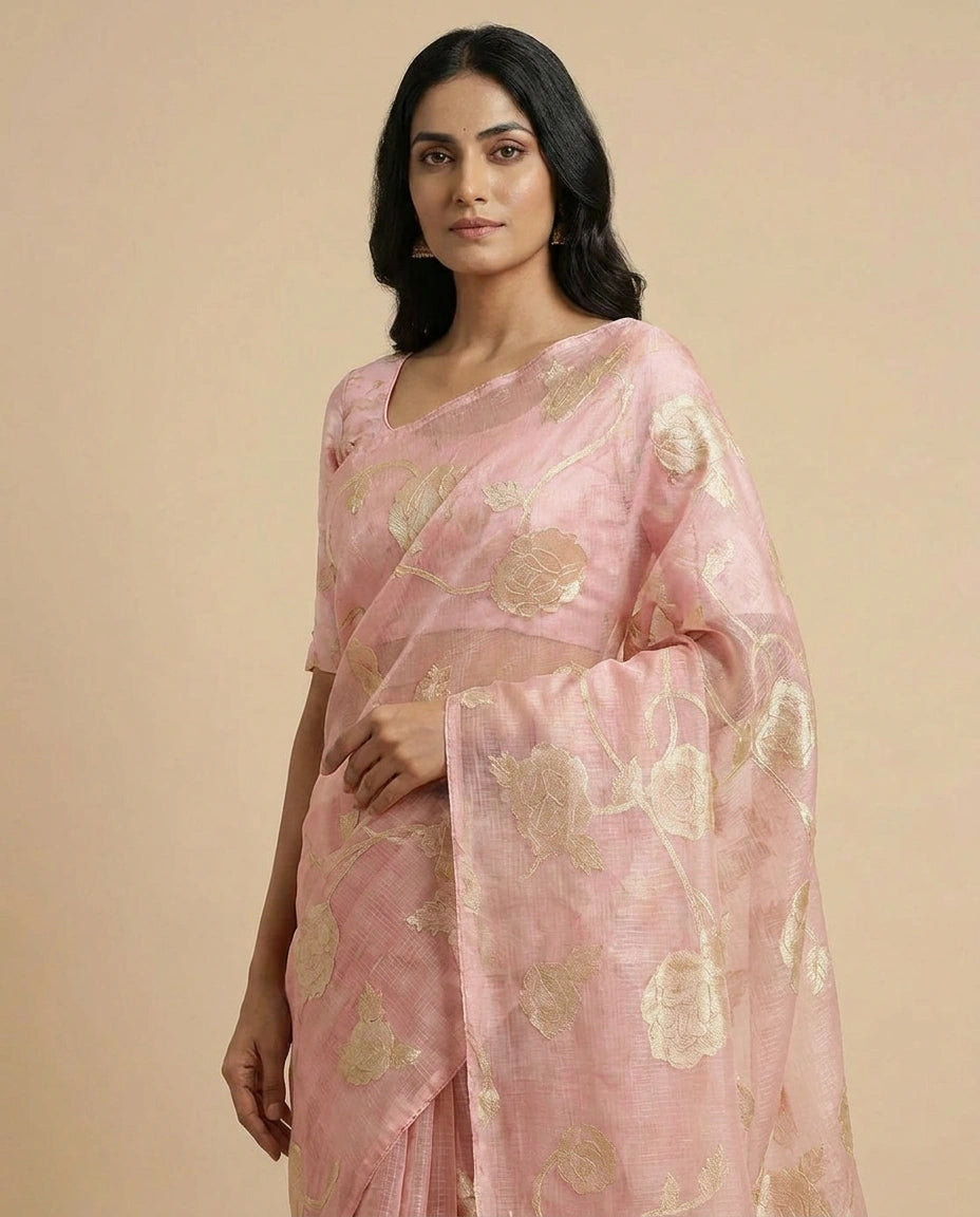 Kota Doria Saree with Resham Embroidery and Zari Border view 4