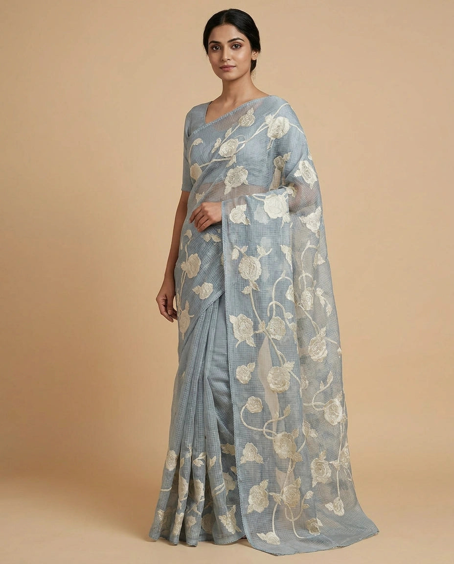 Kota Doria Saree with Resham Embroidery and Zari Border view 5