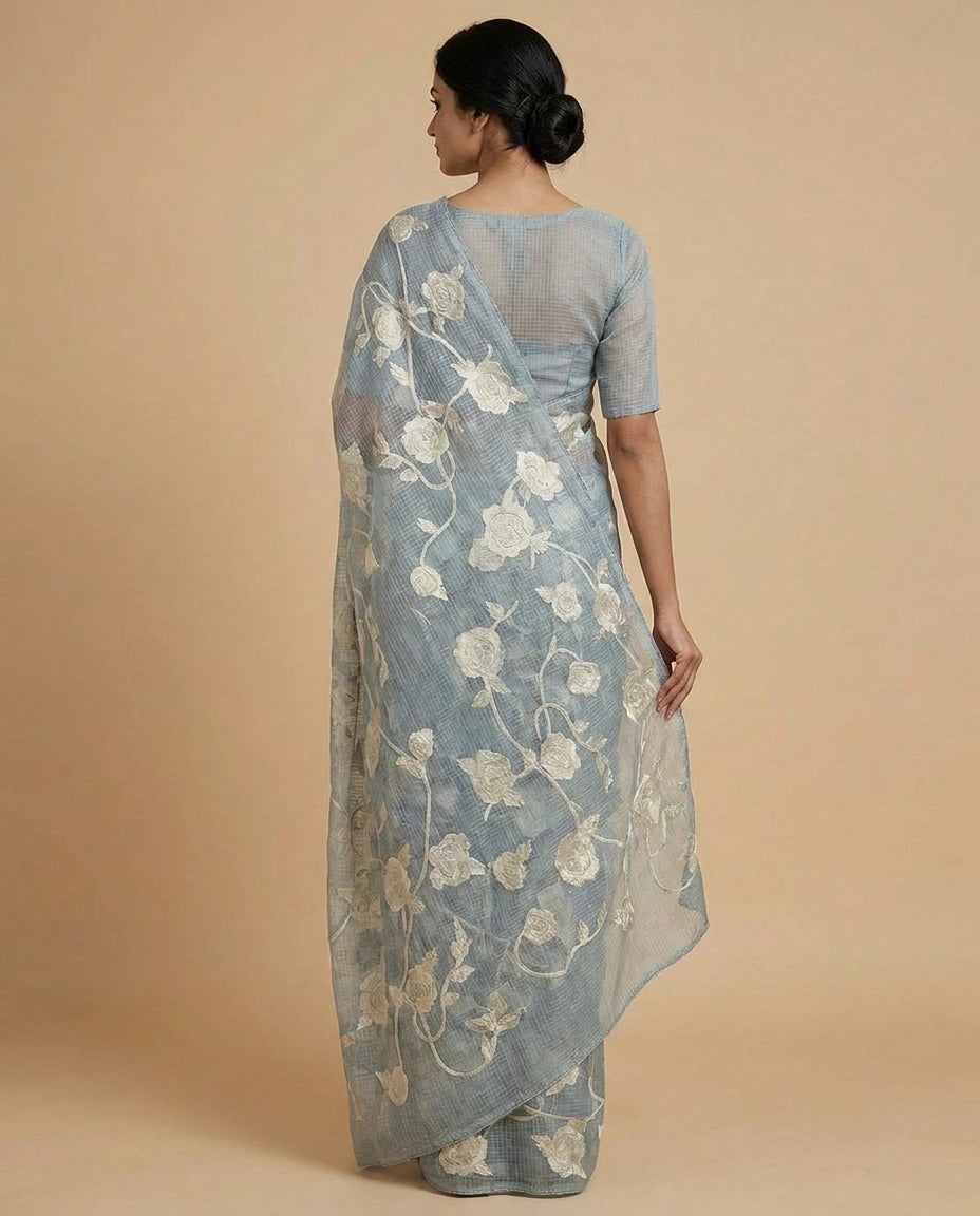 Kota Doria Saree with Resham Embroidery and Zari Border view 6