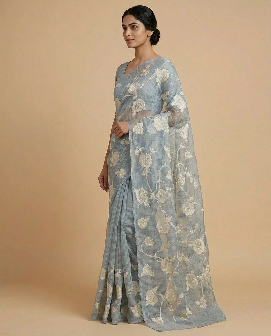 Kota Doria Saree with Resham Embroidery and Zari Border view 7