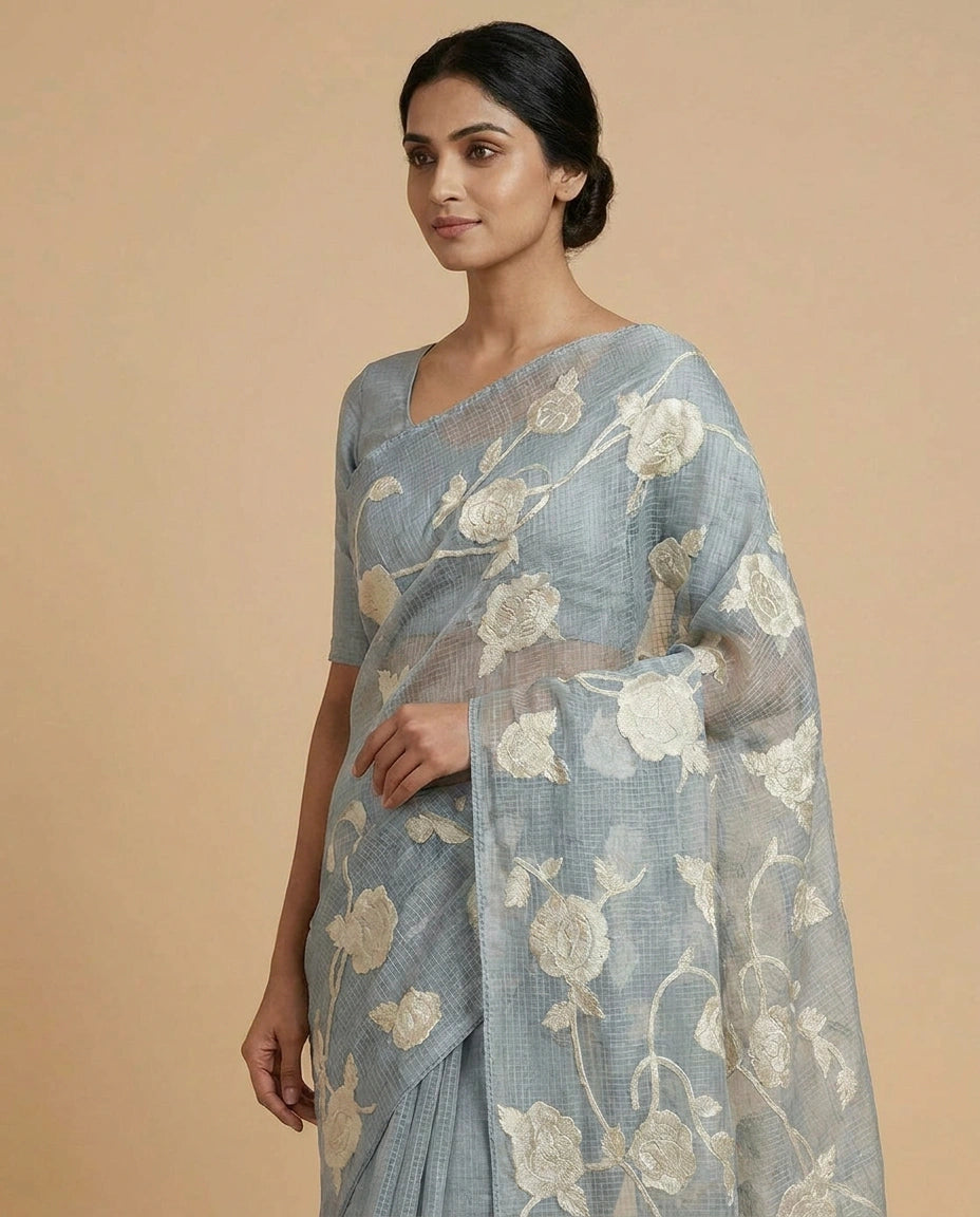 Kota Doria Saree with Resham Embroidery and Zari Border view 8