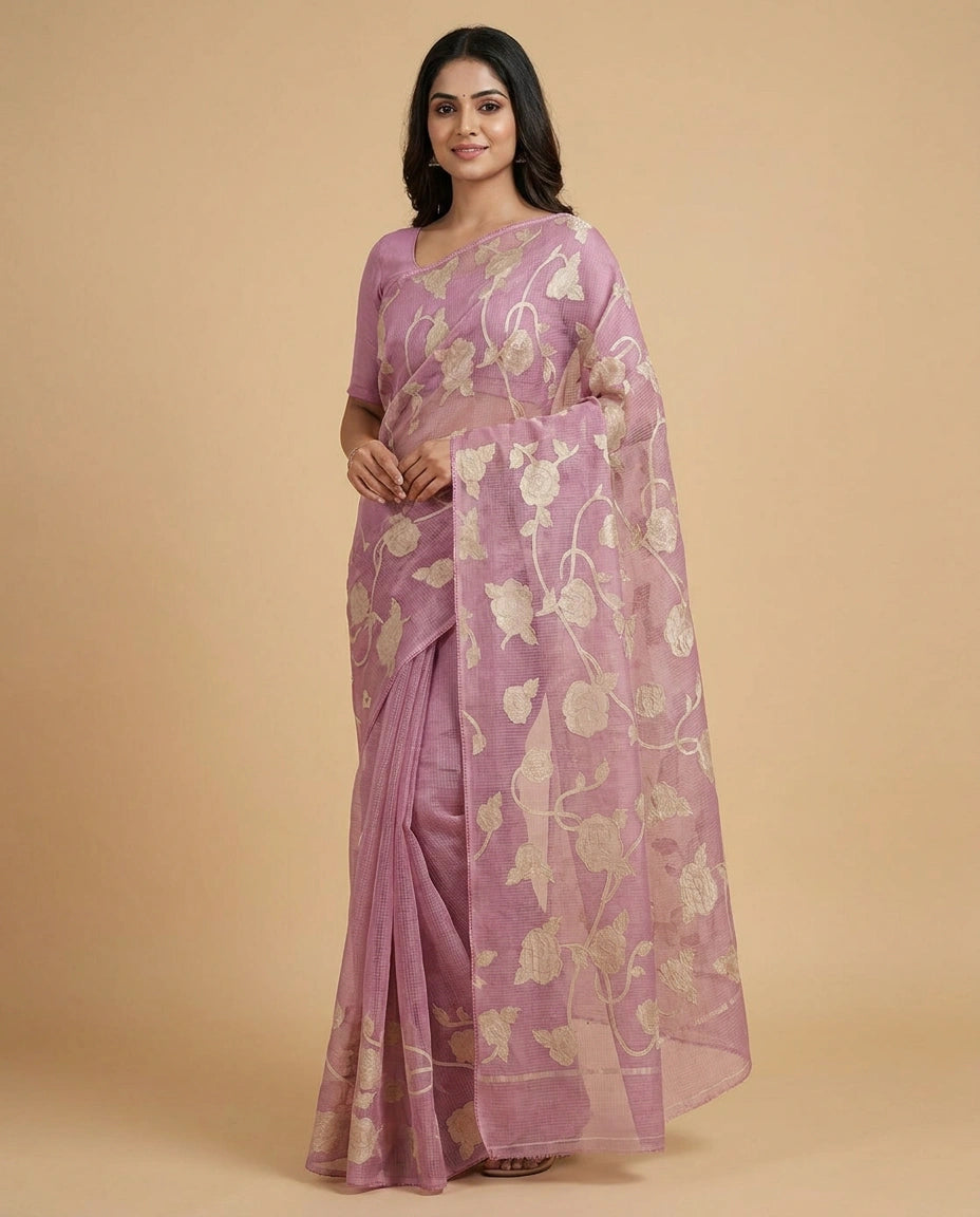 Kota Doria Saree with Resham Embroidery and Zari Border view 9