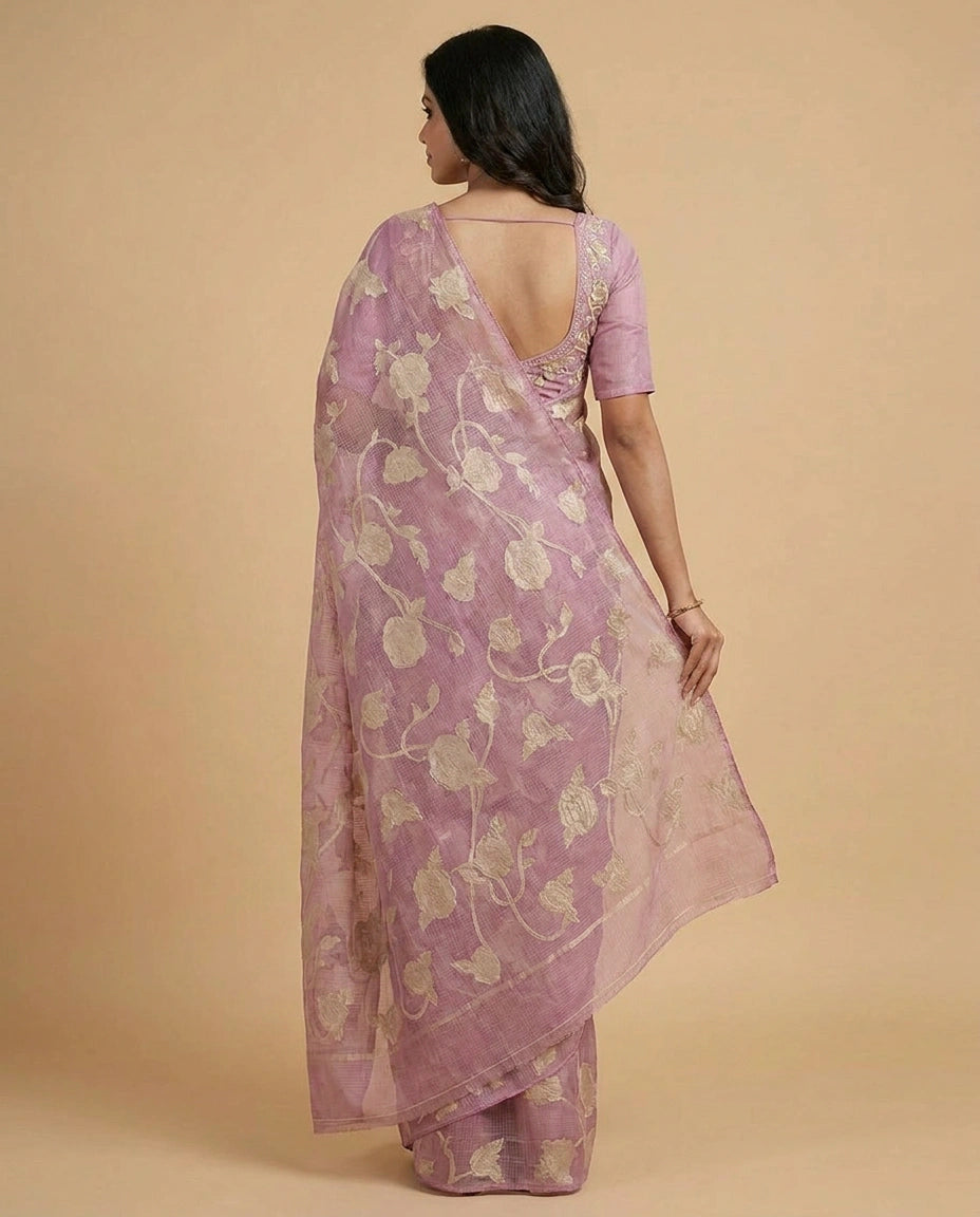 Kota Doria Saree with Resham Embroidery and Zari Border view 10