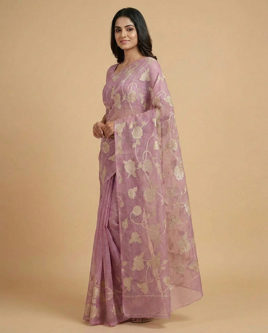 Kota Doria Saree with Resham Embroidery and Zari Border view 11