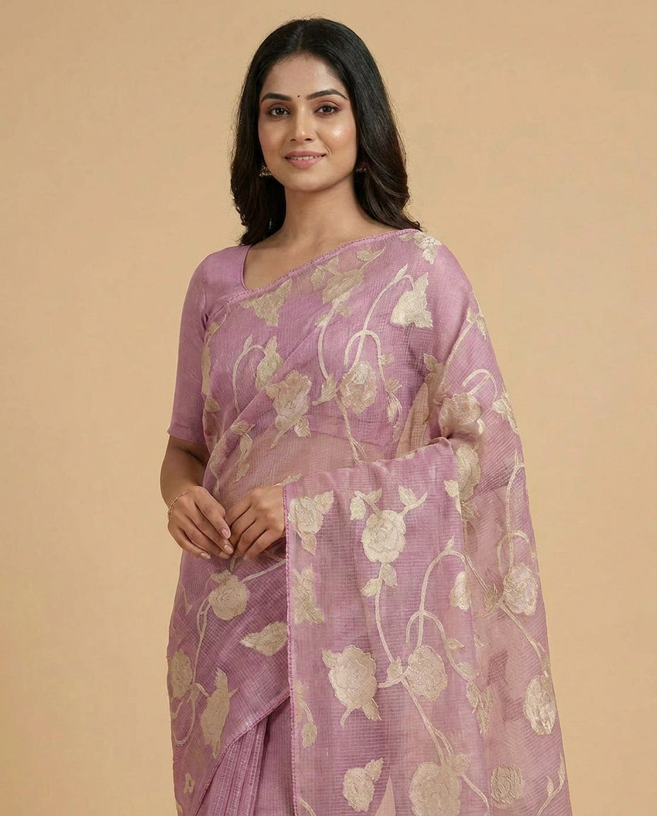 Kota Doria Saree with Resham Embroidery and Zari Border view 12