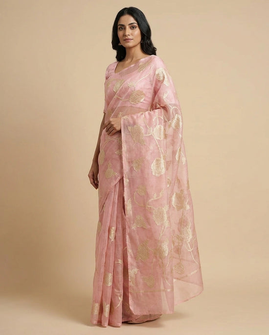 Pink Kota Doria Saree with Resham Embroidery and Zari Border