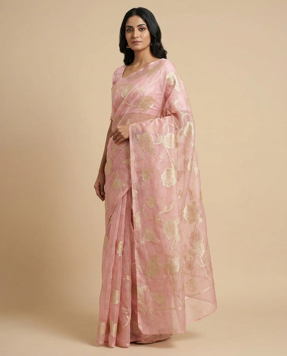 Pink Kota Doria Saree with Resham Embroidery and Zari Border