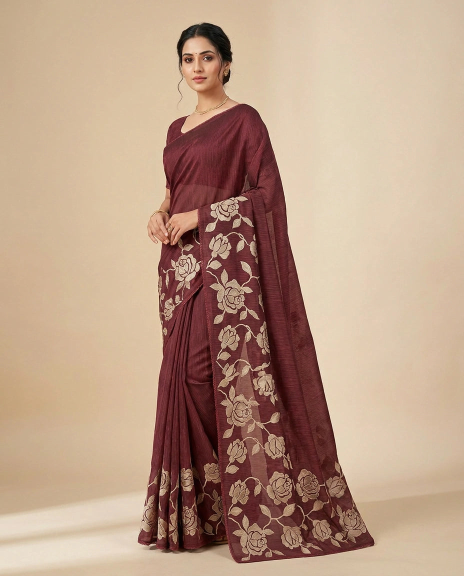 Maroon Kota Saree with Hand-Applied Sequin and Thread Embroidery