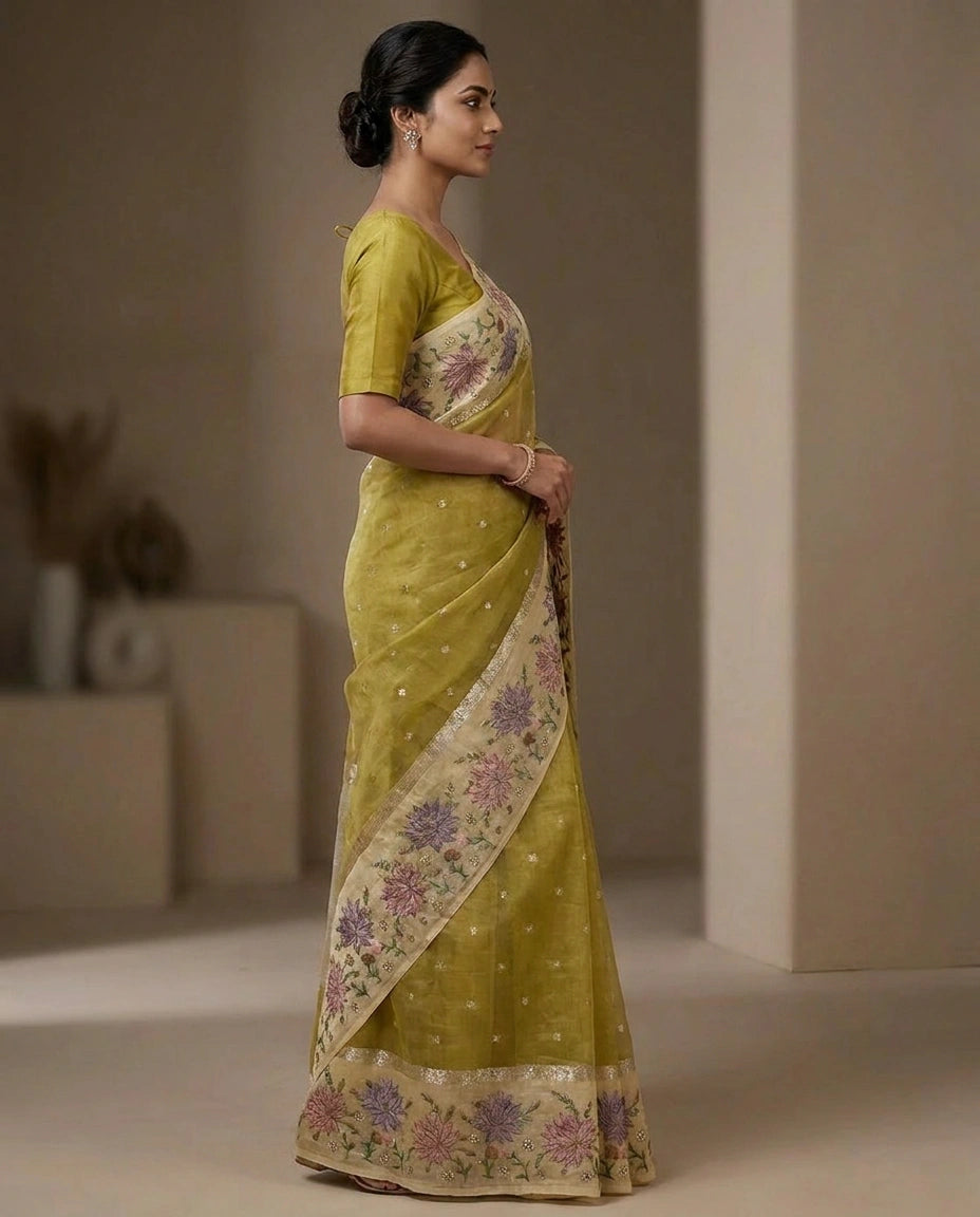 Kota Tissue Saree with Hand-Embroidered Motifs on Pallu view 2