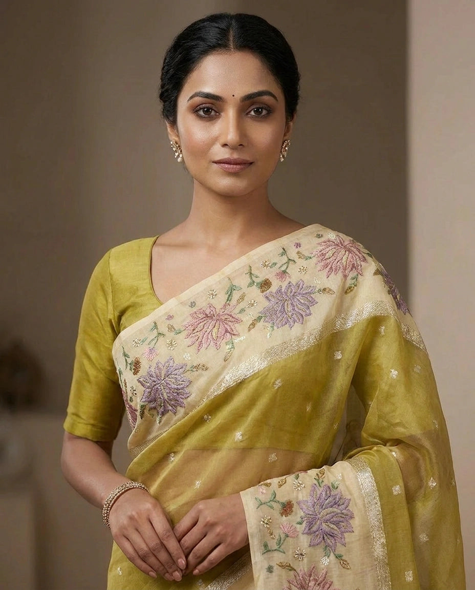 Kota Tissue Saree with Hand-Embroidered Motifs on Pallu view 3