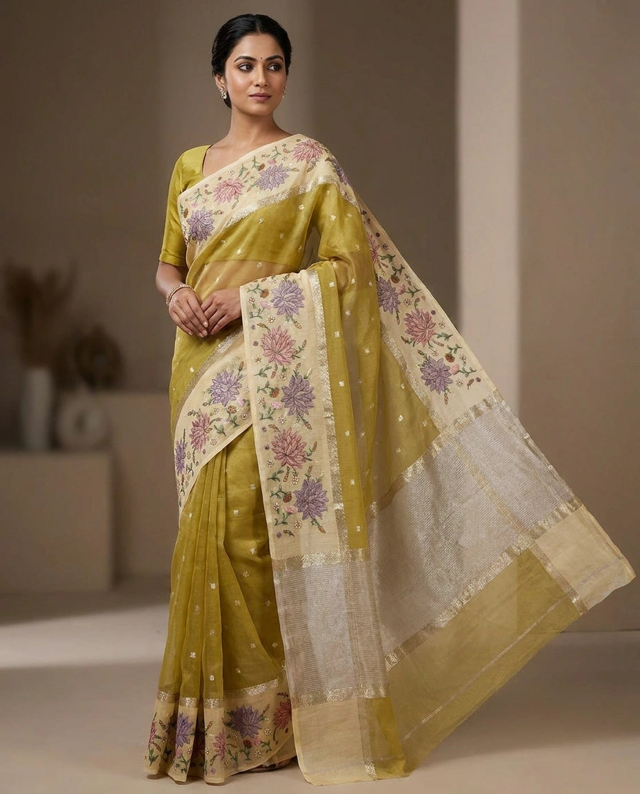 Kota Tissue Saree with Hand-Embroidered Motifs on Pallu view 4