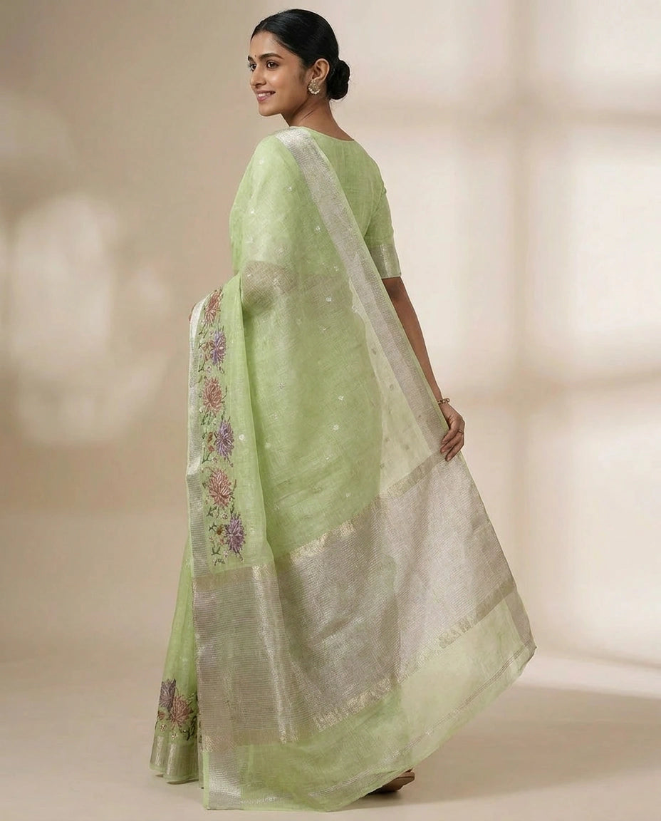 Kota Tissue Saree with Hand-Embroidered Motifs on Pallu view 5