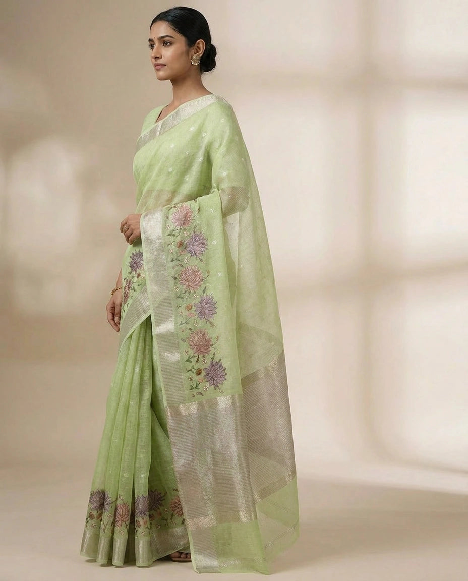 Kota Tissue Saree with Hand-Embroidered Motifs on Pallu view 6