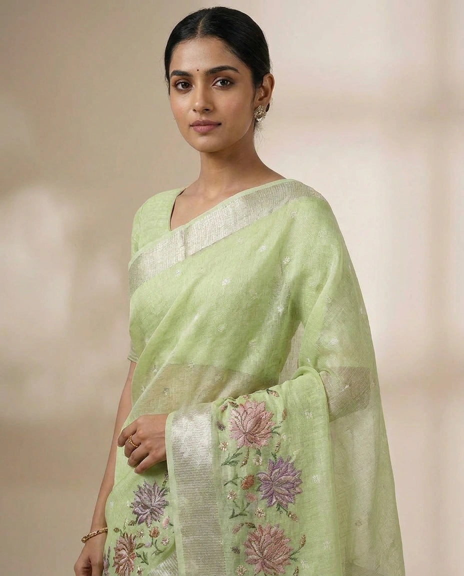 Kota Tissue Saree with Hand-Embroidered Motifs on Pallu view 7