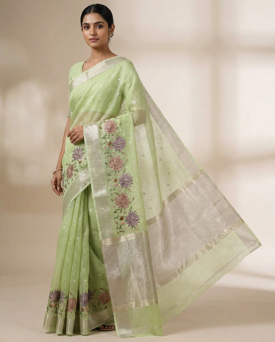Kota Tissue Saree with Hand-Embroidered Motifs on Pallu view 8