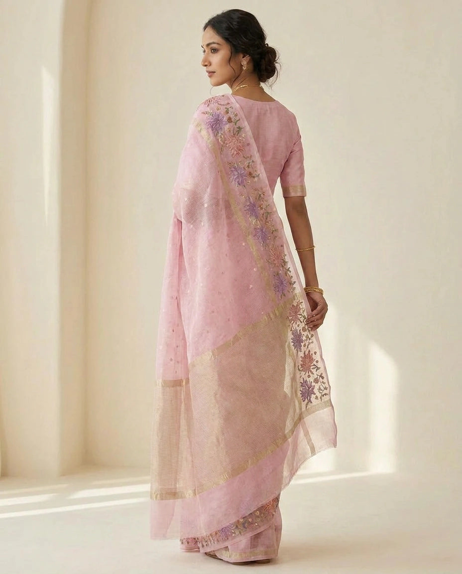 Kota Tissue Saree with Hand-Embroidered Motifs on Pallu view 9